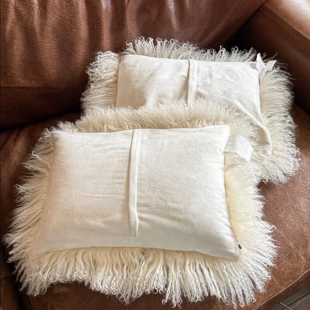 2 Mongolian lamb (Tibetan lamb) fur pillows with down filled inserts